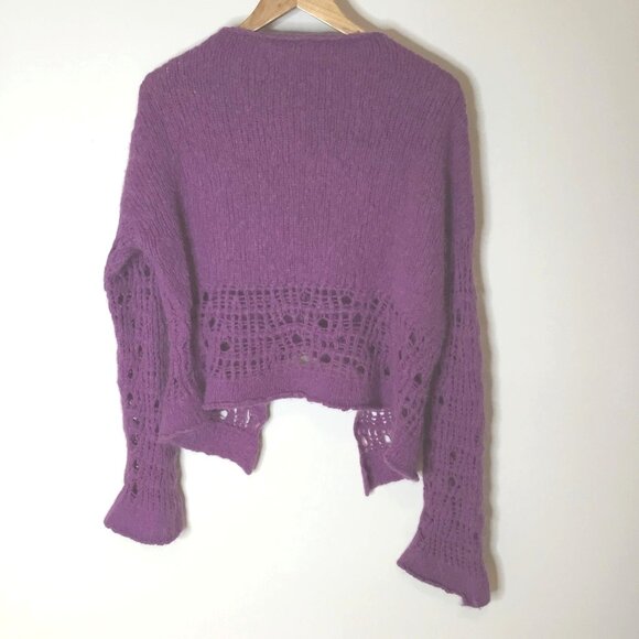 Hand Knit Cotton Blend Cardigan Purple Boho Gallery Asymmetrical Bell Sleeve M - Picture 2 of 7